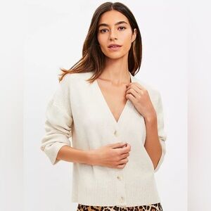 Loft Cream Ribbed Sleeve V-Neck Cardigan